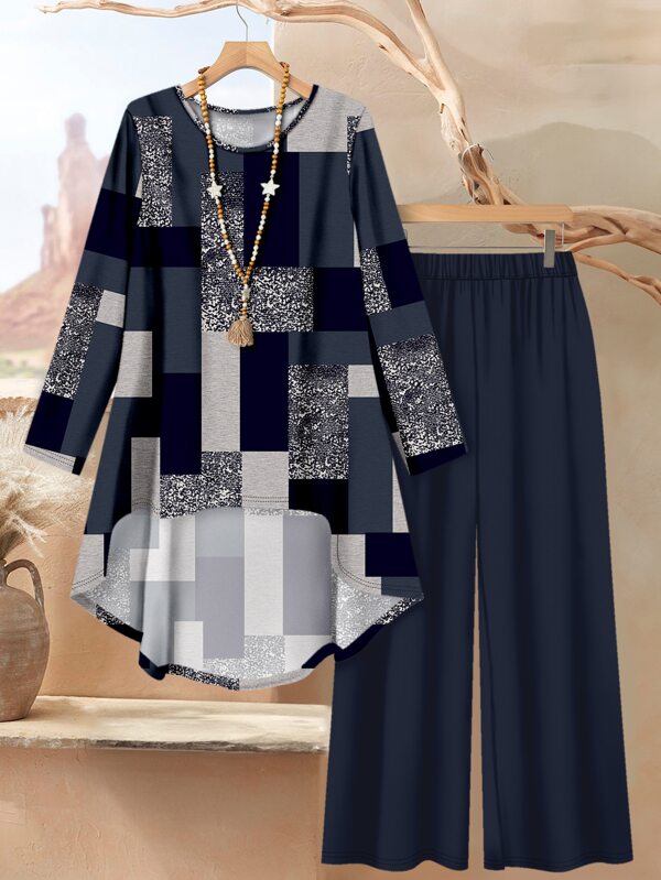Rusticease Costum de damă mărime plus size 2 piese: bluză cu mânecă lungă și imprimeu în carouri, model color block, pantaloni lejeri de culoare solidă, elegant casual pentru primăvară/vară