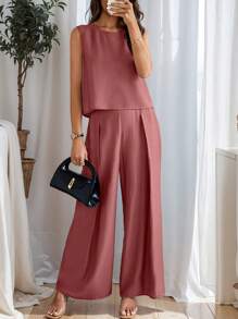 EMERY ROSE Women's Summer Casual Solid Color Vest And Wide Leg Pants Two-Piece Set - Coral Orange - View 3