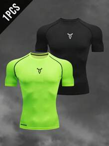 Manfinity Sport Corelite 男士图案印花紧身圆领运动短袖 T 恤，夏季修身衬衫圆领