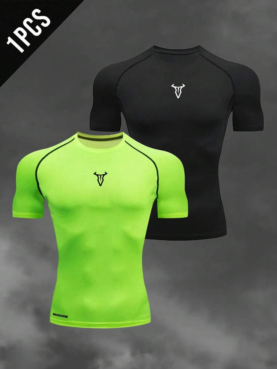 Manfinity Sport Corelite 男士图案印花紧身圆领运动短袖 T 恤，夏季修身衬衫圆领