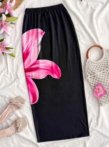 SHEIN Jupe crayon pour adolescentes avec imprimé floral contrasté noir, jupe longue transparente en maille tricotée pour les vacances, taille très basse ajustée, grands imprimés floraux, coupe sirène serrée, jupes d'automne, costume, plage