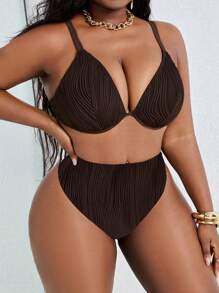 Slaydiva Plus Size Women's Sexy Steel Boned Textured Adjustable Bikini Set For Summer Beach Vacation - Brown - View 5