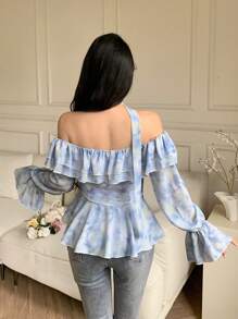 Modelyn 女式扎染露肩荷叶边修身衬衫，时尚新款，春夏 - 淺藍色 - 查看 3