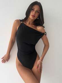 Firerie Women's New Pleated Asymmetric Shoulder Bodysuit, Casual Black Versatile Playsuit With Gold Decor, Elegant Sexy Bodysuit For Daily Wear, Office, Vacation, Beach, Music Festival, Spring/Summer
