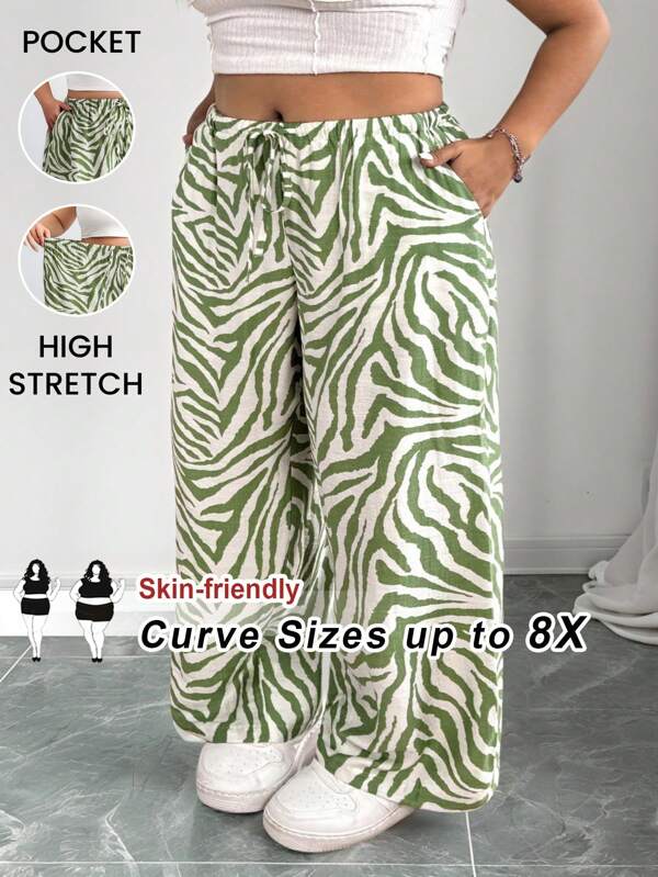 SHEIN CURVE+ Damen Gerade Hose in Große Größen mit grünen Zebra-Streifen und elastischem Bund, Sommer/Grafik-T-Shirts