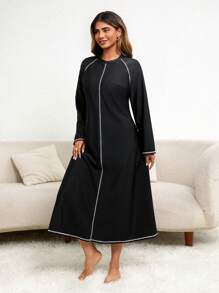 Swim Mulvari Plus Size Colorblock Round Neck Raglan Sleeve Long Sleeve Beach Burkini Top For Summer Beach Vacation - Black - View 3