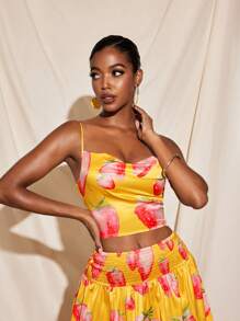Becci Summer Fruit Printed Satin Spaghetti Straps Cowl Neck Draped Crop Cami Top Women Summer Vacation Top Summer Vacation Women Tropical Strawberry Print Top