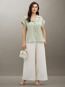 Flouryn Blusa feminina plus size com gola mandarim e manga curta, casual/de trabalho, primavera/verão