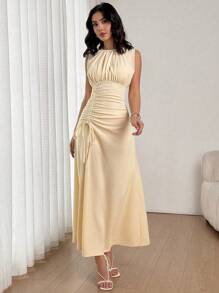 Firerie Women's Elegant Apricot Solid Color Round Neck Short Sleeve Pleated Waist Drawstring Casual Maxi Dress, Suitable For Summer Commute And Daily Wear, Business Casual Ladies' Easter Dress, Dignified,Graduation,Teacher Outfits For Women,Teacher Dress - Apricot - View 1