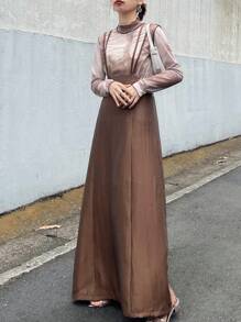 FRIFUL Falda larga casual y versátil de color café sólido con tirantes y dobladillo acampanado para mujer de talla grande, ropa de resort, ropa de otoño, ropa de vuelta al colegio - Café integral - Ver 5