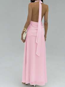 Aloruh Váy Maxi Chiffon hở lưng màu hồng thanh lịch gợi cảm cổ yếm màu mơ với đường viền cổ sâu và thiết kế nhún bèo, phù hợp cho kỳ nghỉ hè và tiệc tùng, trang phục câu lạc bộ gợi cảm cho phụ nữ - Màu Hồng baby - Xem 2