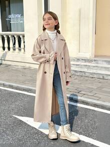 SHEIN Serisse Kids Tween Girl Double Breasted Turndown Collar Loose Long Wind Jacket, Casual Military Style, For Commuting & Outdoor,In Fall/Winter