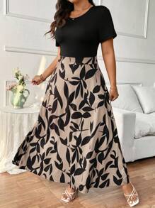 SHEIN Frenchy 大码休闲简约印花拼布长款修身连衣裙，针织面料，适合休闲度假，休闲家居服，绿色连衣裙 - 卡其色 - 查看 6