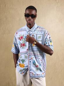 SUMWON Camisa hawaiana de manga corta con botones, de uso casual para vacaciones, playa y verano, con patrón de punto de cruz floral y piña