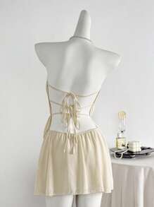 Zolique Summer Sexy Strapless Solid Color Ruffled Cropped Top And Mini Skirt 2 Pieces Set - Apricot - View 4