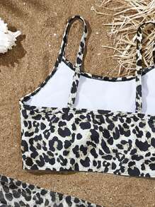 Conjunto de 2 piezas de bikini para niñas preadolescentes con Top e inferior con estampado de leopardo y flores, y tirantes ajustables - Multicolor - Ver 5