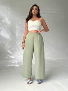 SHEIN Privé Plus Size High-Waisted Pleated Wide Leg Pants, Elegant Casual Commuter Versatile Luxury Retro College Style, Suitable For Office, Afternoon Tea, Dates, Concerts, Parties, Autumn/Winter