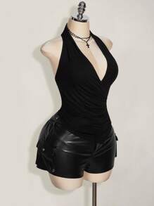 SHEIN ICON Plus Size Wrap Ruched Black Asymmetric Hem Halter Top For Women, Y2K Style, Suitable For Summer, Daily Wear,Club Sexy,Going Out Tops - Black - View 5