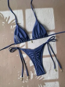SHEIN Swim Vcay Springbreak 女士夏季沙滩纯色露背性感比基尼泳装套装 - 霧霾藍 - 查看 2