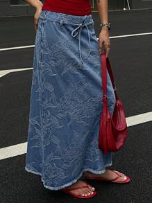 DAZY 女士时尚休闲牛仔半身裙，印花腰带设计 - 藍色 - 查看 4