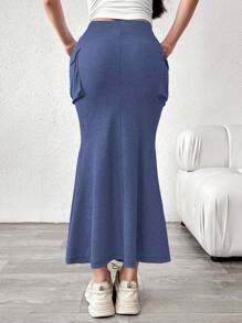 Mulvari Women's Solid Color Simple Daily Wear Drawstring Waist Skirt Maxi Women - Dusty Blue - View 2