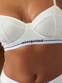 MISSGUIDED Ribbed Bralette Wireless Padded Cup Sports Bra Athleisure Workout Fitness Yoga Bra Branded Elastic Band Underwear - White - View 3