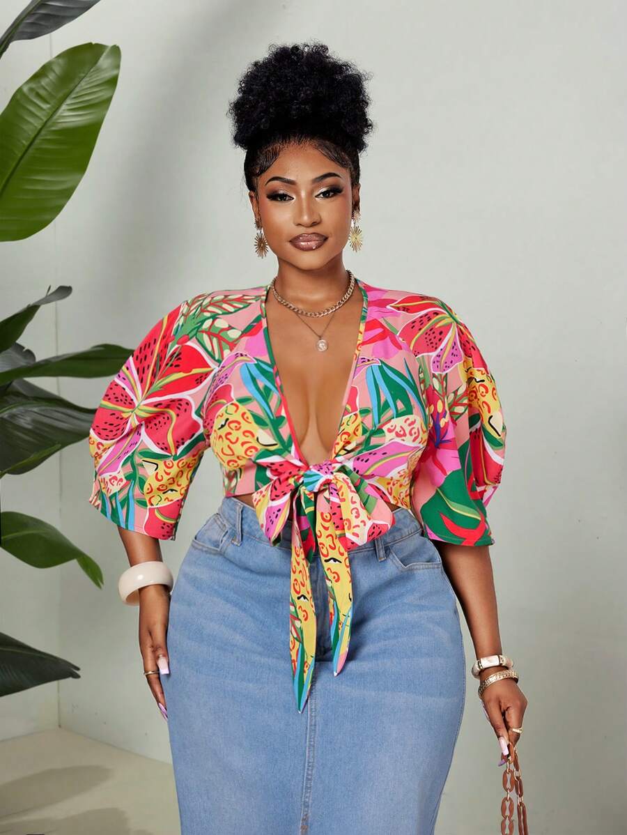 Maweii 大码女式夏季休闲宽松热带花卉印花深 V 领泡泡袖前结短款衬衫