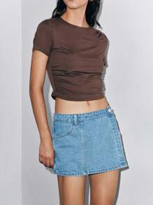 Lumivelle Women's Summer Casual Street Low Waisted Denim Skirt Shorts - Medium Wash - View 5