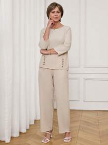 Miaspire 女士纯色圆领七分袖上衣和裤子两件套，夏季套装，度假装，外出休闲装，春夏女士休闲装 - 彩色 - 查看 5