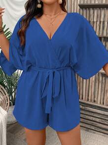 SHEIN Clasi Mono de manga corta con cuello en V profundo, cruzado, envolvente y con cinturón, de unicolor, para mujer de talla grande. Conjunto de ropa de verano para mujer, ropa de mujer de talla grande, ropa formal y casual de negocios para mujer de talla grande - azul real - Ver 3