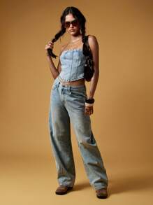 MISSGUIDED 铆钉牛仔抹胸紧身胸衣上衣节日俱乐部服装 Y2K 复古街头服饰西部牛仔女郎夏季露肩短款设计 - 藍色 - 查看 3