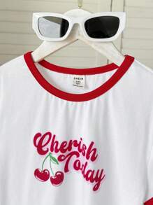 Tween Girls' Casual Fashion Cute Cherry Print Contrast Color Short Sleeve T-Shirt, Spring/Summer