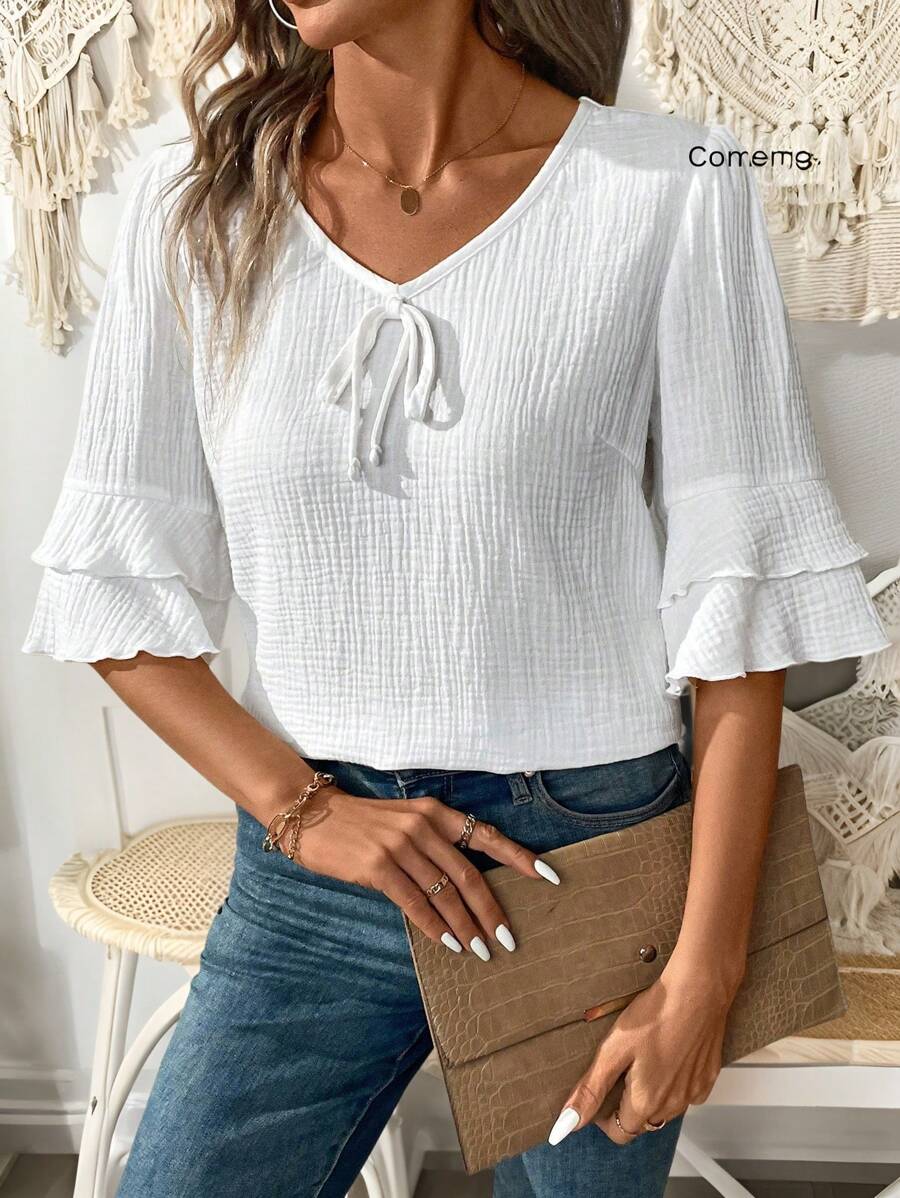 SHEIN PETITE Women's Summer Solid Color Textured Fabric V-Neck Casual Ruffle Sleeve Linen Blouse - White - View 1