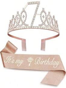 Set de 2 piezas que incluye peine para el cabello con corona de cristal de strass para el 3er, 4to, 5to, 6to, 7mo, 8vo, 9no cumpleaños, decoración de aniversario, "¡Es mi 5to cumpleaños!", faja de satén, suministros para fiestas, corona de strass y decoración de cumpleaños, navidad, día de la madre, graduación - Multicolor - Ver 7
