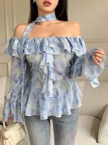 Modelyn 女式扎染露肩荷叶边修身衬衫，时尚新款，春夏 - 淺藍色 - 查看 7