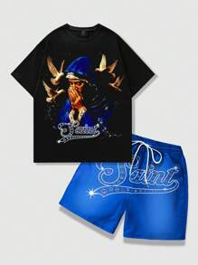 ROMWE MEN Street Life Set de 2 piezas de camiseta de manga corta con gráfico de retrato masculino y shorts, apto para uso diario, primavera/verano