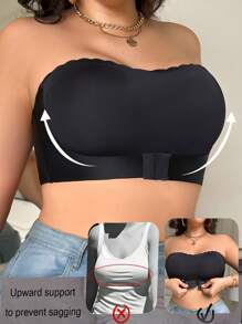 SHEIN 大码女式纯色荷叶边抹胸前扣无肩带文胸 - 黑色 - 查看 5