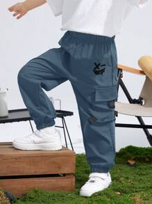 SHEIN Tween 男童休闲图案印花贴袋宽松慢跑裤，适合通勤、上学、日常休闲、旅行、运动、春季、夏季、秋季、冬季