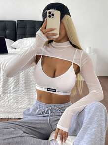 SHEIN EZwear Women's Sheer White Mesh Turtleneck Slim Fit Top - White - View 1