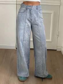 Livesso Jeans casuales rectos de mujer con diseño dividido de tela jacquard texturizada - Lavado ligero - Ver 3