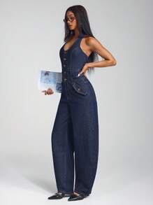 SHEIN Unity Street Style Neck Snap Washed Denim Jumpsuit - Dark Wash - View 5