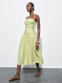 Maija 女式浅绿色褶饰细肩带低腰连衣裙，现代休闲设计，舒适柔软，可调节肩带，低腰，A 字下摆，海滩/度假波西米亚风格，多巴胺度假装，独立音乐节，乡村西部风格，优雅可爱的中长连衣裙 - 綠色 - 查看 3
