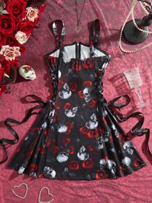 INAWLY 女士时尚无袖印花中长连衣裙，适合夏季 - 黑色 - 查看 2