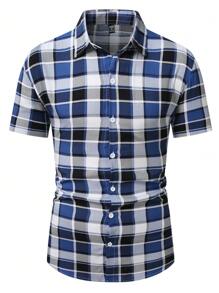 Manfinity Homme Camisa de verano de manga corta con botones y estampado a cuadros (estampado irregular)