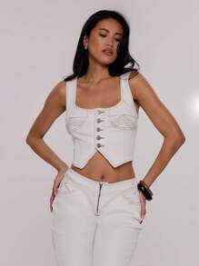 MUSERA Denim Button Up Corset Top Festival Ibiza Y2k Sexy Summer Spring Vacation Beach 4th July Night Out Going Out - White - View 2