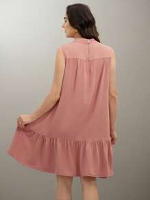 SHEIN Clasi 大码女式休闲纯色圆领无袖蝴蝶结装饰 A 字迷你连衣裙，夏季 - 藕粉色 - 查看 2