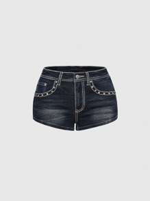 ROMWE Avant Women's US Independence Day Star Embroidered Y2K Denim Shorts - Blue - View 5