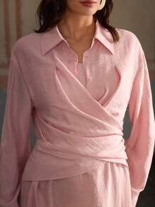 ZEYLAH Vestido camisa de manga larga convertible de lino con cuello