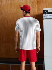 Manfinity VCAY Men's Striped Knitted Casual Short Sleeve T-Shirt And Shorts Sets Summer Outfit