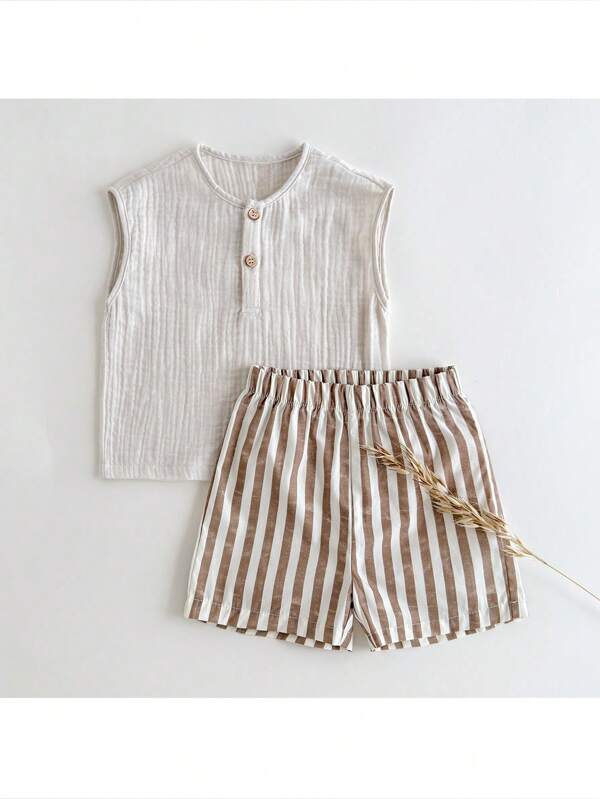 Loomiva 2pcs Baby Boy Solid Color Crew Neck Sleeveless Half Placket Top And Striped Elastic Waist Shorts Set